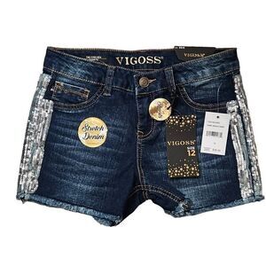 VIGOSS The Chelsea Stretch Denim Short Dark Indigo Sand with Sequins 12 (Girls)